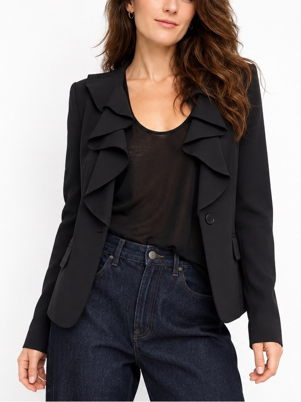 Classic Karl Lagerfeld Black Ruffle-Front Blazer